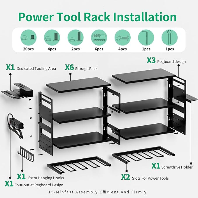 Power Tool Organizer Wall Mount, Modular Tool Storage Rack with Charging Station, 4 Layers Heavy Duty Metal Tool Rack with 8 Drill Holder, Utility Racks for Garage Workshop, Gifts for Men
