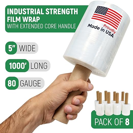 5" x 1000' Industrial Strength Mini Stretch Wrap with Extended Core Handles, Ready to Use Pack of 8 Clear Stretch Film Rolls, 80 Gauge, 500% Elongation - Shrink Wrap for Moving, Packing