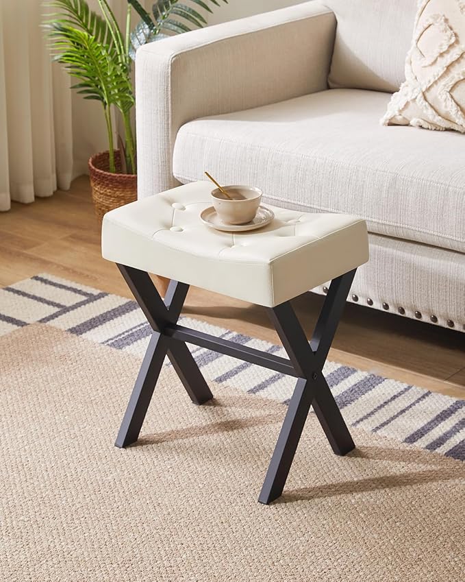 IBUYKE U-Shaped PU Vanity Stool, Square Makeup Chair with X-Leg, Ottoman Seat Footrest Stool, Multi-Use as Small Side Table, for Bedroom, Living Room, White WBD019W