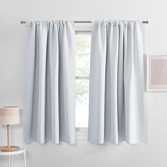 PONY DANCE 54 inch Length Curtains - Room Darkening Kitchen Solid Thermal Draperies Rod Pocket Short Panels Drapes for Bedroom Window Treatments, 52 W by 54 L, Greyish White, Set of 2