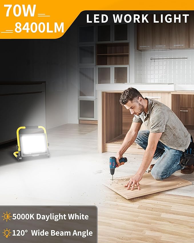 8400LM LED Work Light with 16FT Cord & Switch, 70W Outdoor Flood Light, IP66 Waterproof Portable Job Site Lighting with Stand, 5000K Dayight Worklight for Construction Garage Workshop Car Repairing