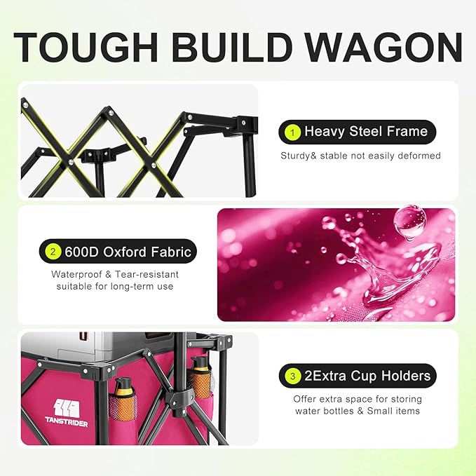 Collapsible Wagon Cart with Extended Tailgate,Heavy Duty Folding Cart, 155L Foldable Utility Wagons for Beach, Picnic, Grocery, Outdoor Camping(Pink)