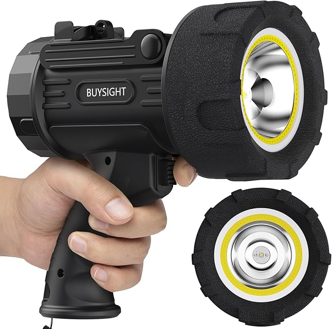 BUYSIGHT Rechargeable Spotlight Flashlight,Super high lumens Hand held Spotlight Waterproof Flashlight Hunting floodlight with red Filter (Graphite Black-COB)