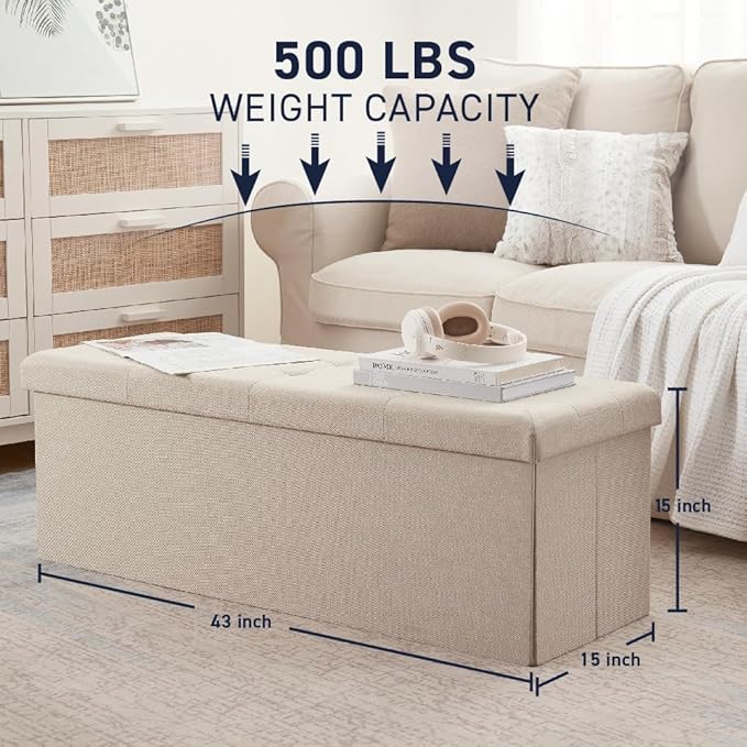 Ornavo Home 43 Inch Folding Storage Ottoman with Storage Bench, Long Large Storage Ottoman Bench, Storage Chest, Foot Rest Stool, Bedroom Bench with Storage - (Beige)