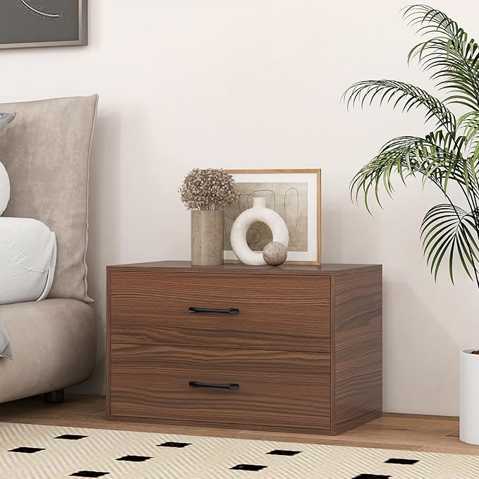 GOFLAME Stackable 2-Drawer Dresser Set of 2, Wood Horizontal Storage Organizer with Metal Handle & Smooth Sliders, Lateral File Cabinet with Anti-tilt Kit for Bedroom Office, Walnut