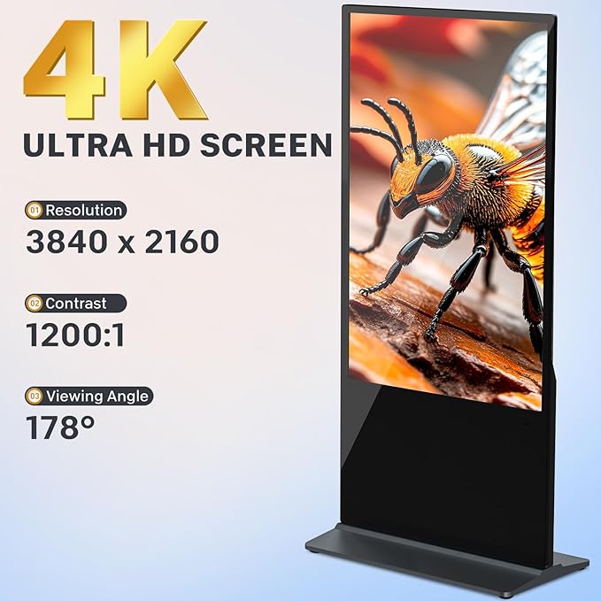 HLEC 55'' Indoor Floor-Standing Digital Signage Interactive Display, 4K NonTouch-Screen Advertising Display LCD Kiosk, Commercial Android Smart System, CMS Software, HDMI/USB Input＆Out/WiFi(4+64G)