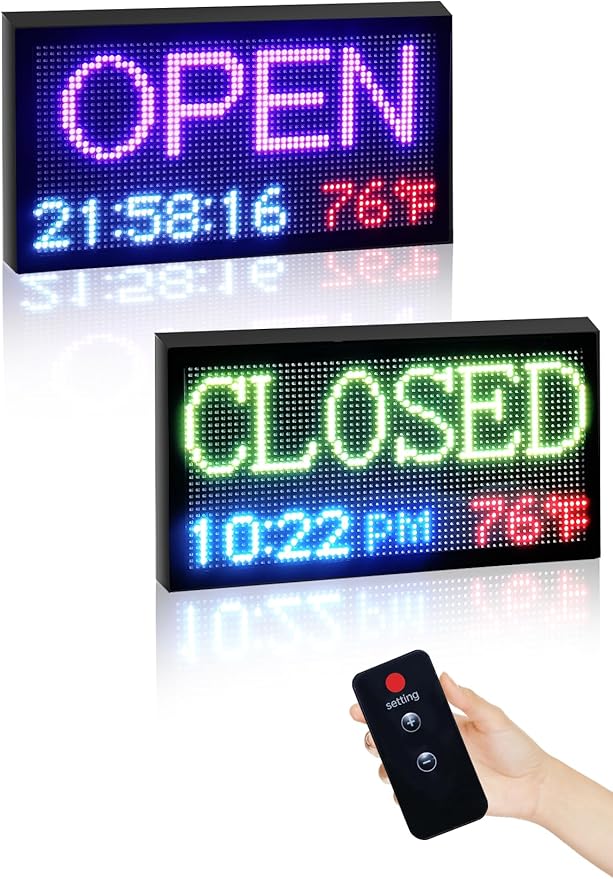 Commercial LED Open Closed Sign, 16.5x 9 inch Calendar & Temperature Display, Auto ON/OFF Timer, Waterproof for Outdoor, Ideal for Store Front, Shop Window, Glass Door, Retail, Bar, Salon, Cafe Business