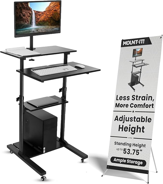 Mount-It! Mobile Computer Cart with Monitor Mount for Screen up to 32", Portable Desk on Wheels, Rolling Laptop Stand for Teachers, Office, Classroom, Rise up to 53", Podium, Keyboard Tray, Black
