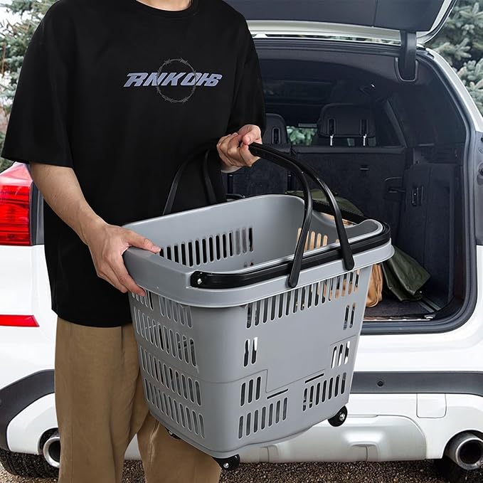 50 Liter Plastic Shopping Basket with Wheels, 4 Pack Large Rolling Baskets for Groceries, Gray