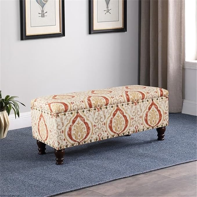 Homepop Home Decor | Upholstered Bench with Nailhead Trim | Large Ottoman with Storage for Living Room & Bedroom | Decorative Home Furniture, Orange and Cream Medallion