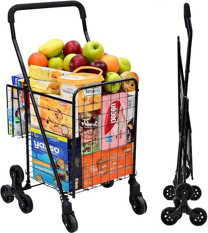 Folding Shopping Cart, Heavy-Duty Stair-Climbing Grocery Cart with 360° Swivel Wheels - Extended Foam Handle - Utility Trolley for Laundry, Travel, Shopping