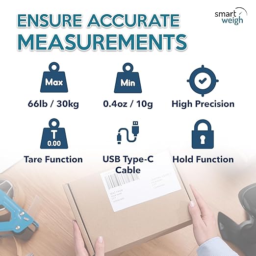 Smart Weigh Digital Shipping Scale 66LB x 0.1oz Hold and Tare Function Accurate Postal Scale for Packages Includes Batteries and USB-C Reliable for Mail and Shipping
