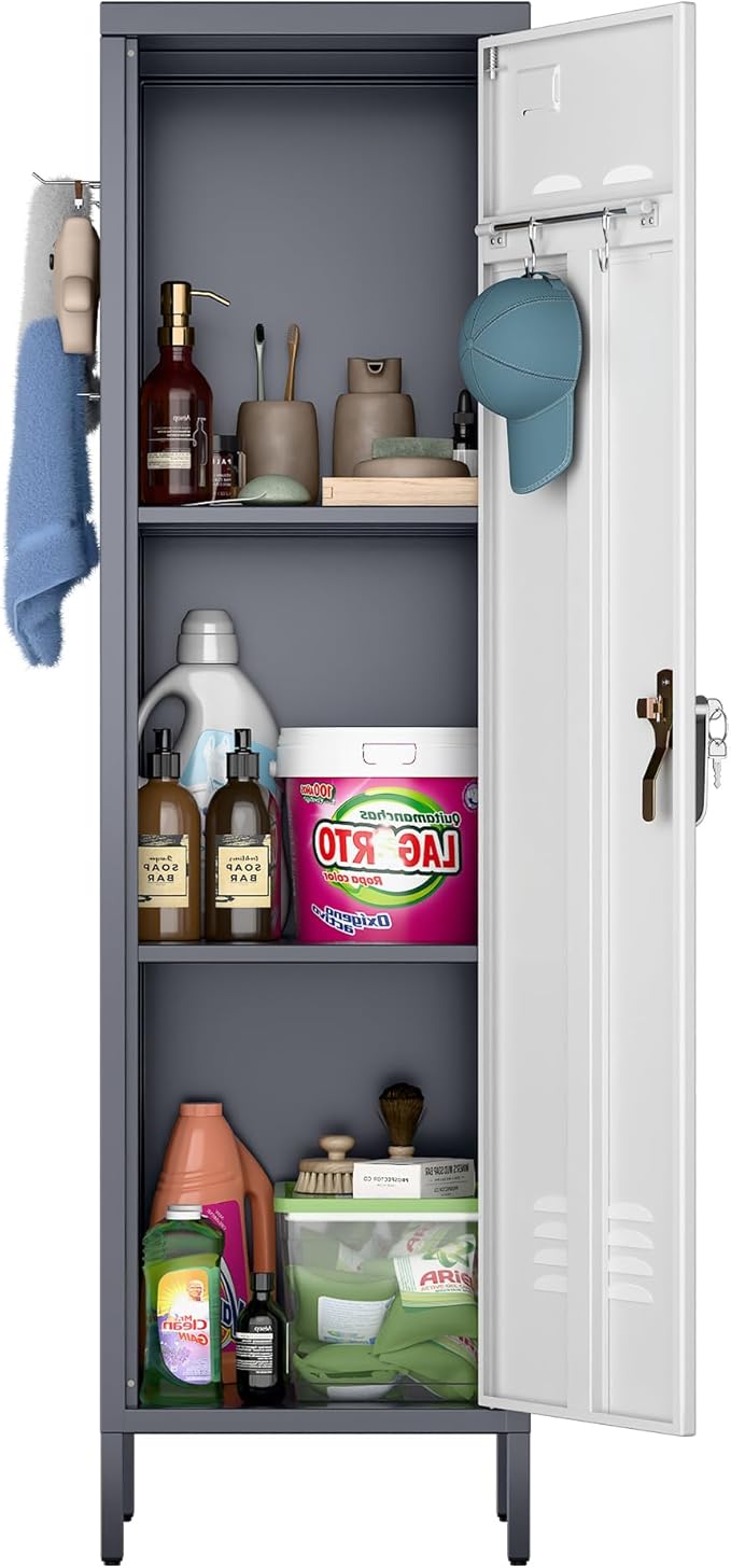 Aobabo Metal Locker, 54" H Metal Storage Locker for Employees, Lockable 1 Door with Towel Rack and 2 Side Pegboards with Hooks for Home School Office Gym, Assembly Required (Gray White)