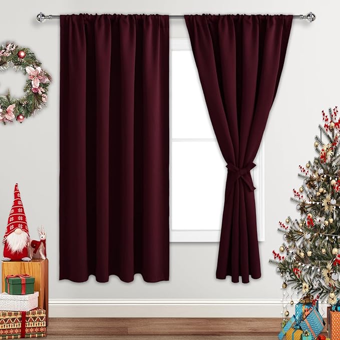 JIUZHEN Blackout Curtains for Bedroom - Thermal Insulated Room Darkening Rod Pocket Curtains for Living Room, Set of 2 Panels with Tiebacks, 52 x 72 Inch Length, Burgundy