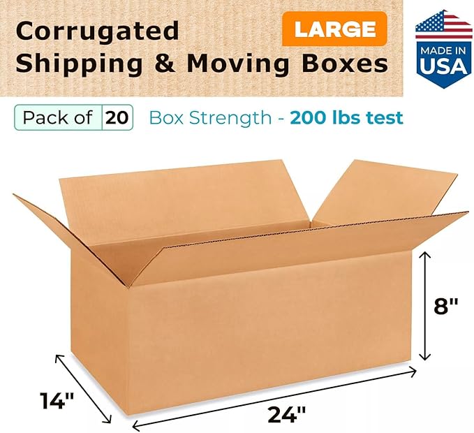 Large Shipping & Moving Boxes 24"L x 14"W x 8"H (20-Pack) - Extra Strength 200 lb vs Regular - Corrugated Packing Boxes for Moving Large - Moving Cardboard Box by IDL Packaging