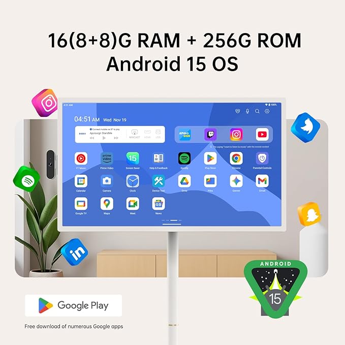 ApoloSign 32 inch UHD 4K Smart Portable TV Gen2, 16G +256G Storage, Android 15 OS, 15000mAh, Rolling TV on Wheels with Rotatable Touch Screen, Built-in Battery, Full Swivel Rotation, Voice Remote