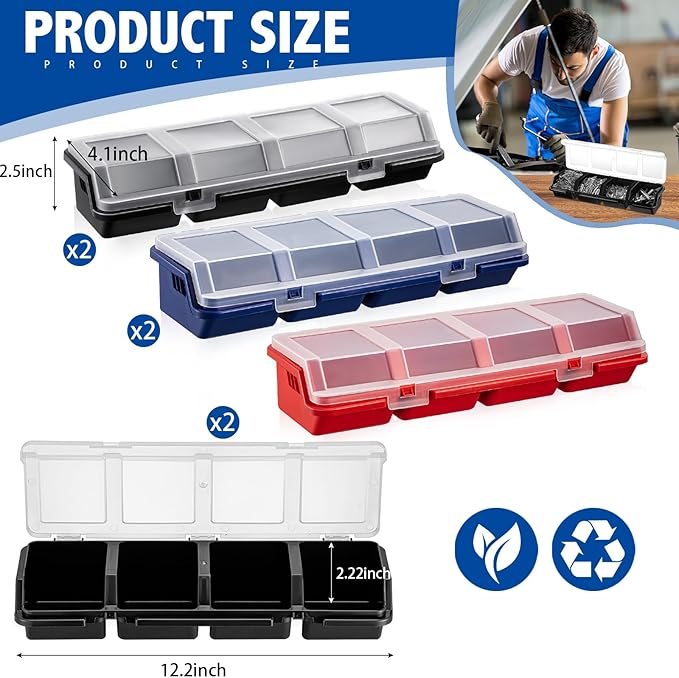Hushee 6 Pcs Screw Organizer Box with Lid 4 Compartments Tool Bin Divider Plastic Stackable Hardware Organizer Small Part Storage Sorting Screw Box for Garage Workbench Craft Storage (Blue,Red,Black)