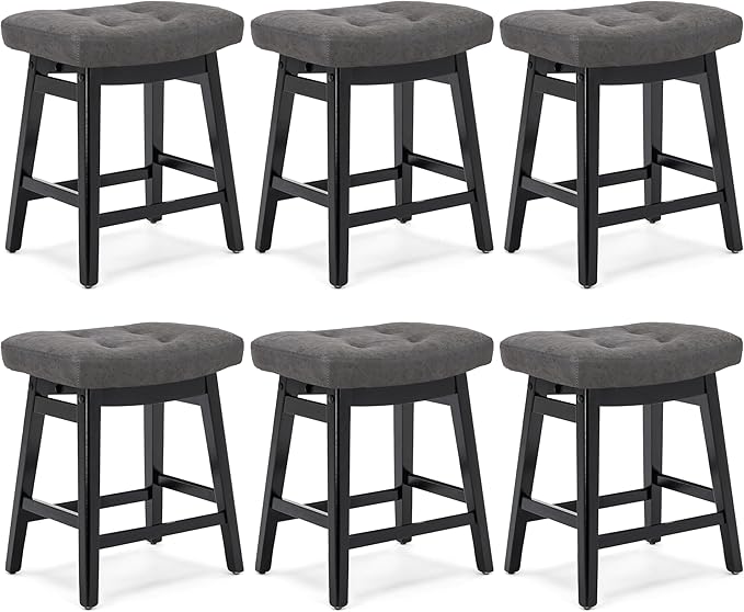 Counter Height Bar Stools Set of 6 for Kitchen Counter Farmhouse Modern Barstools with Faux Leather Upholstered Backless Seat and Solid Wood Legs 24 inch Bar Chairs, Grey + Black