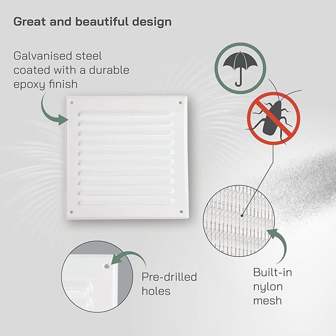 Vent Systems - 6 x 6 Inch (Inner) Pack of 2 White Metal Square Soffit Air Vent Grille Cover, Register Vent Deflector Louver Built-in Mesh HVAC for Bathroom Home Office Kitchen 8" x 8" (Outer)