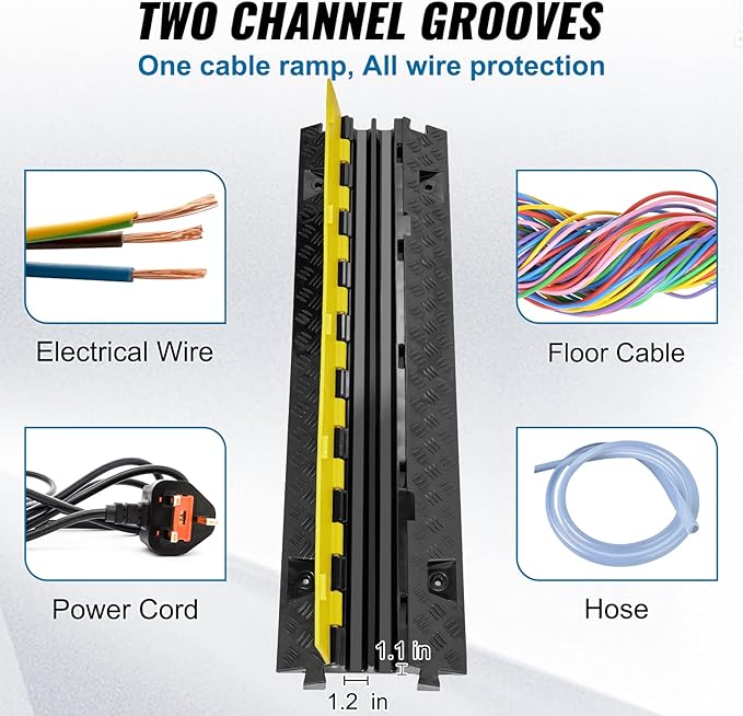 VEVOR Cable Protector Ramp, 2 Channel, 22000 lbs/axle Capacity Heavy Duty TPU Wire Cord Cover Ramp Hose Protector Driveway, Traffic Speed Bump w/TPR Flip-Open Top Cover, for Indoor & Outdoor