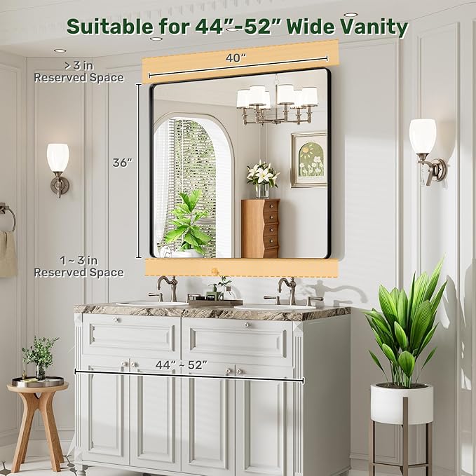 40X36 Black Bathroom Mirror for Over Sink, Metal Framed Vanity Mirror Wall Mounted, Rectangle Mirror for Bedroom Living Room Restroom Entryway, Anti-Rust, HD Tempered Glass