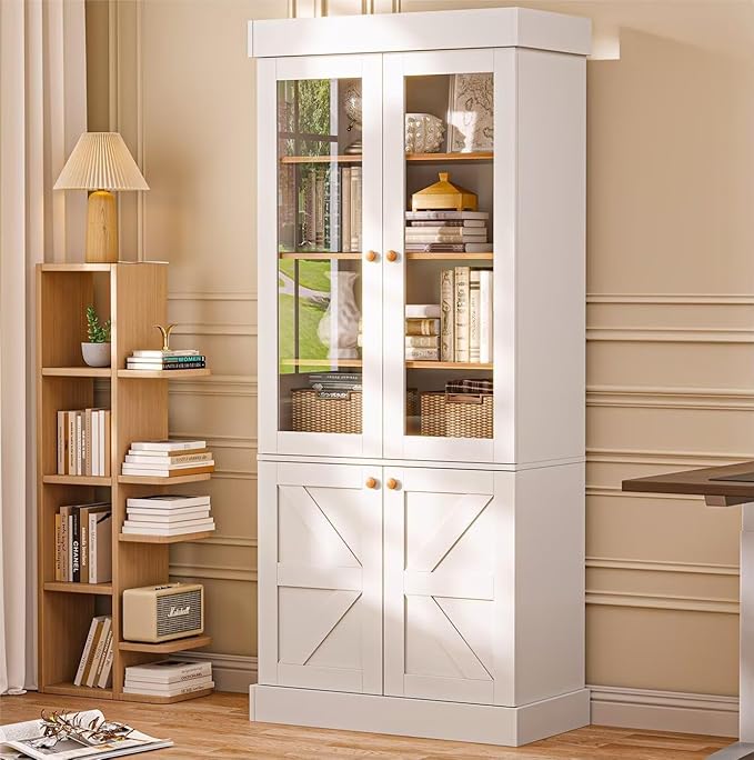 Vyre 71" Tall Farmhouse Bookshelves with Glass Doors, Set of 3 – Large Modular Bookcase with Adjustable Shelves, Storage Cabinet for Living Room, Kitchen, Home Office, White