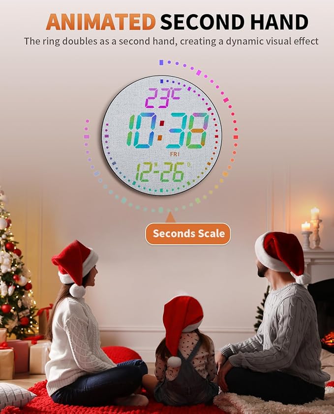 12" Large Digital Wall Mount Clock, Count Down Timer, Alarm, Big LED, 12 RGB Color, Temperature for Living Room Classroom Desk, Xmas, Birthday Gift for Senior Mom (Fabric Elements)