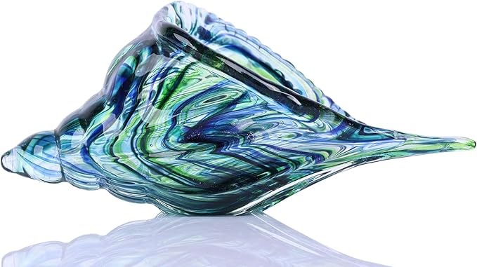 DOVDOV Hand-Blown Glass Conch Sculpture, Green sea Glass Art Shell Statue, Coastal Decor Theme Suitable for Rooms, Living Rooms, Offices, Coffee Tables, TV Stands, and Shelf displays.