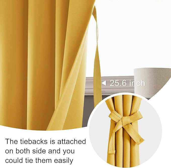 JIUZHEN Blackout Curtains for Bedroom/Living Room - Thermal Insulated Light Blocking Curtains, Rod Pocket Curtains with Tiebacks, Room Darkening Curtains, 42 x 63 Inch, 2 Panel, Mustard Yellow