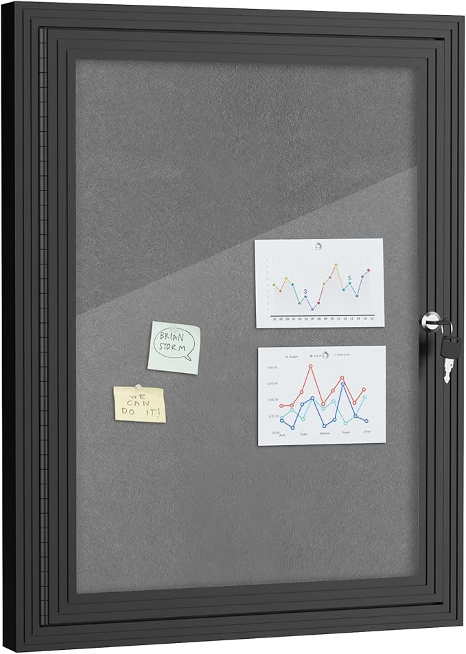 Mifuro 26"x20" Enclosed Bulletin Board, Outdoor Lockable Weather-Resistant Aluminum Cork Noticeboard for School & Office, Black Frame w/Grey Flet
