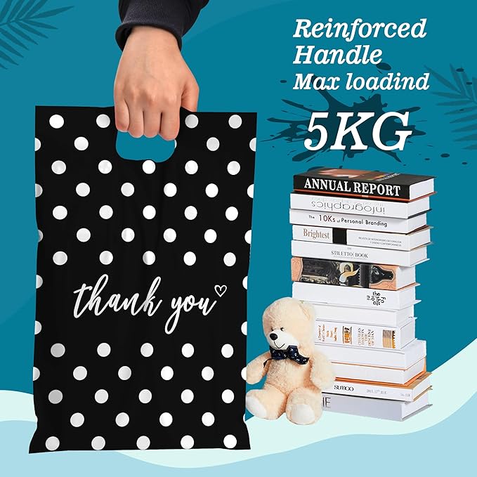 JinRuiKJ Poly Mailers with Handle 10x13 Inch 100 Pcs, Easy to Carry Packaging Bags for Small Business, Thank You Shipping Bags with Self Adhesive Strip, Tearproof and Waterproof - White Polka Dot