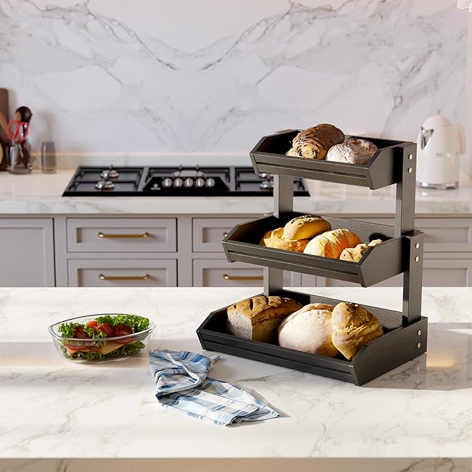 HOLANA Acacia 3 Tier Fruit Basket for Counter – Wooden Fruit Bowl for Kitchen Counter Organizer, Produce Storage Wooden Basket, Snack Organizer for Countertop & Kitchen Counter Storage (Black)