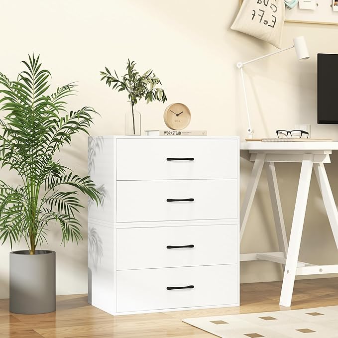 GOFLAME Stackable 2-Drawer Dresser Set of 2, Wood Horizontal Storage Organizer with Metal Handle & Smooth Sliders, Lateral File Cabinet with Anti-tilt Kit for Bedroom Office, White