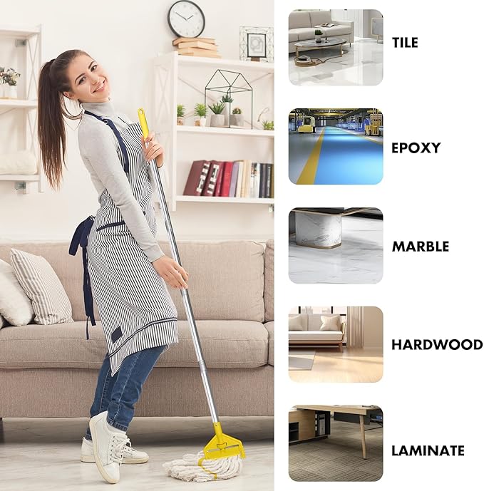 KULED Heavy Duty Industrial Mop, Commercial Cotton Mop with 59 Inch Handle, Looped-End String Wet Mops with 2 Heads for Floor Cleaning, Workshop, Warehouse, Home and Garage