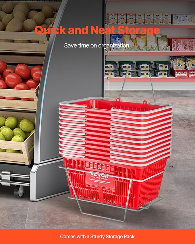VEVOR 12 PCS Red Plastic Grocery Basket, 16.5 x 11.8 x 8.27 inch Rectangular, 21L Capacity, Modern Style, No Lid, PE Material, Ideal for Supermarket, Shopping Center, Convenience Store