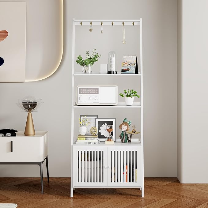 Bookcase with Drawers, 4-Tier Bamboo Bookshelf Ladder Shelf with 6 Hooks, Tall Narrow Retro Book Shelf, 24.8"L x 10.6"W x 59.5"H, Standing Storage Organizer for Living Room, Office, Bedroom, White