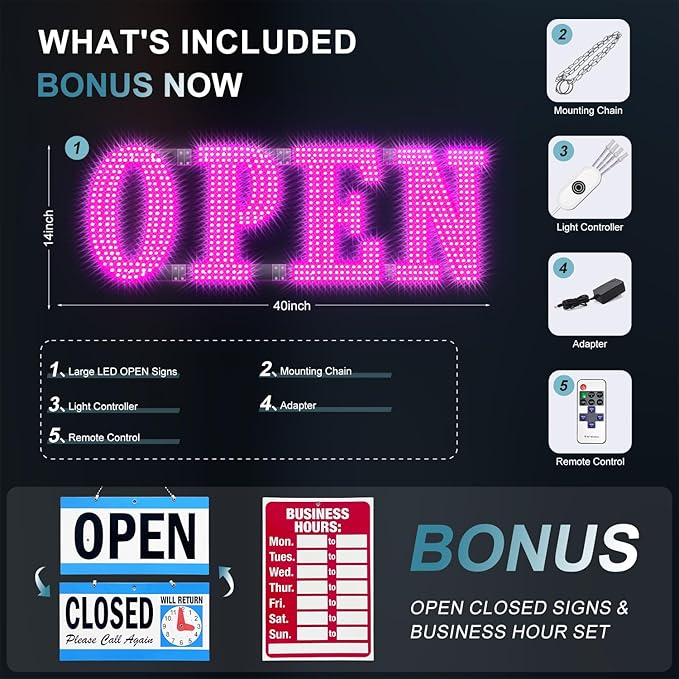 40'' × 14'' Large LED Open Signs for buiness with Remote, 14 Scene Modes Unique Design Light Up Sign for Window Store Retail Restaurant Pink