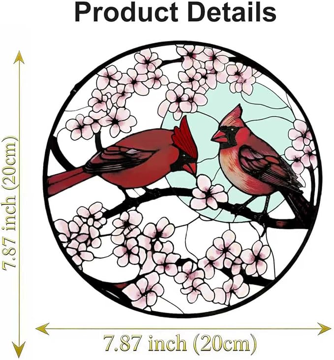 Stained Glass Window Hanging, Cardinal Sun Catcher Glass Panel with Metal Chain, 7.88’’ Indoor/Outdoor Art Decor for Home Garden, Women, Birthday, Christmas, Mother's Day