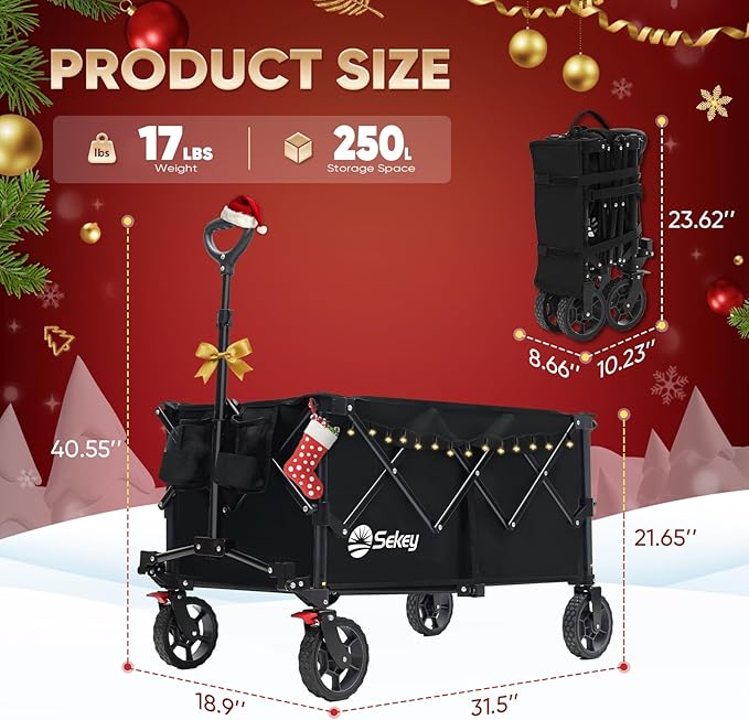 Sekey Collapsible Foldable Wagon with 330lbs Weight Capacity, Heavy Duty Folding Wagon Cart with Big All-Terrain Wheels & Drink Holders. Black