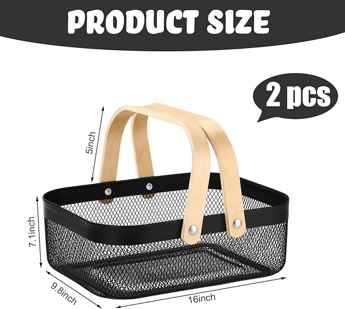 Sadnyy 2 Pcs Metal Wire Storage Basket with Handle Mesh Harvest Durable Vegetables Fruit Basket for Garden Organizing, Kitchen, Countertop, Closet, Bedroom (12.6 x 9.7 x 4.3 Inch,Black)