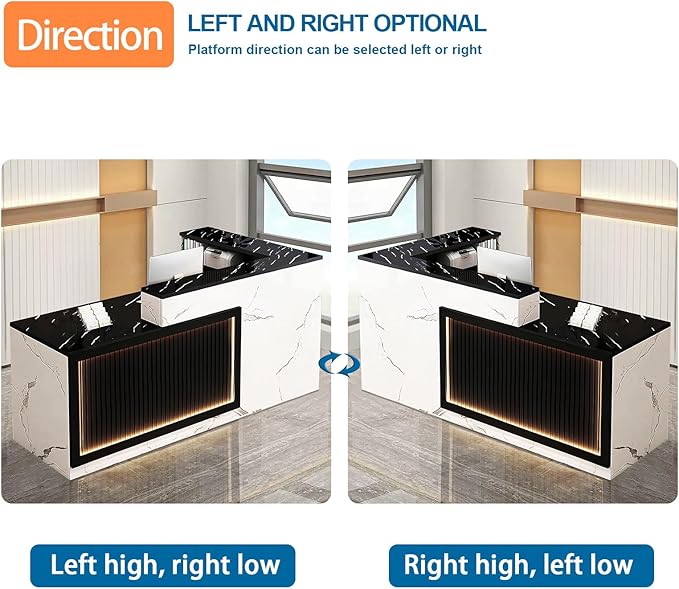 L-Shaped Reception Desk with Counter LED Light and Lockable Drawers and Storage Tall Modern Front Desk Reception Counter for Checkout Lobby Beauty Salon D Right 63inch/160cm