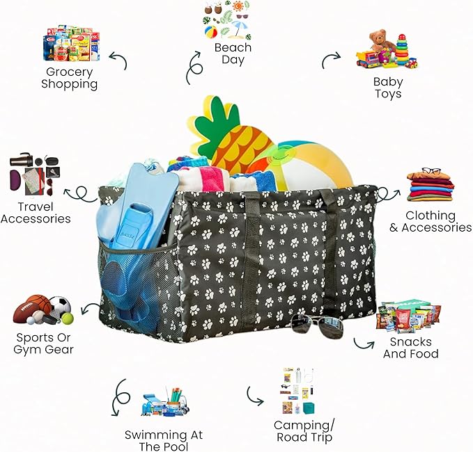 Extra Large Utility Tote Bag - Oversized Collapsible Reusable Wire Frame Rectangular Canvas Basket With Two Exterior Pockets For Beach, Pool, Laundry, Car Trunk, Storage - Dog Paw