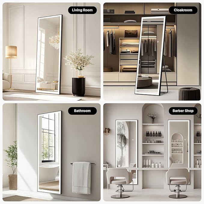 Kosmonia 64x21 Full Length Mirror, Dimmable 3 Color LED Light w/Light Memory, Distortion Free Silver Coating Mirror, HD Reflection &Anti Desilvering,Tempered Glass &Shatter Proof Film Doubles Safety