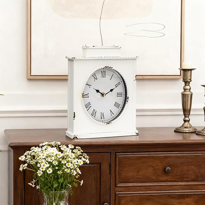 MODE HOME Vintage Mantel Clock with Distressed Finish, Antique Style Battery Operated Metal Decorative Table & Mantel Clock for Living Room Fireplace, Large Decorative Desk & Shelf Clocks for Home