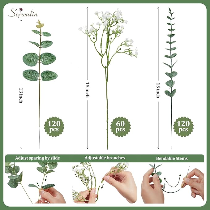 Serwalin 300 Pcs Mixed Artificial Eucalyptus Stems，Babys Breath Artificial Flowers Bulk with Artificial Fake Greenery Stems for Wedding DIY Bouquets Floral Arrangement Home Decor