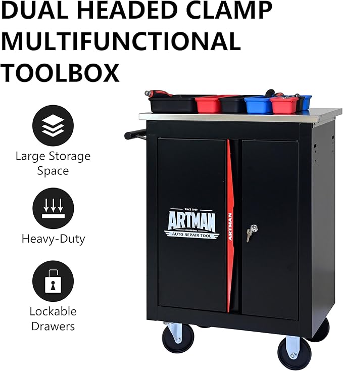 Double-Door Heavy-Duty Rolling Steel Tool Cart with Handle&Wheels, Metal Storage Organizer Cabinet, Tool Chest for Efficient Tool Storage in Garage, Warehouse, Workshop, Repair Shop, Black&RED