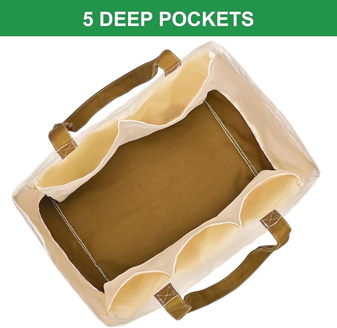 3 Pack Canvas Reusable Grocery Bags Heavy Duty, 8.3 gal Foldable Large Tote Bag with Handles, Holds 60 lbs Canvas Shopping Bags & Washable Eco-friendly Bags with 5 Pockets, camel+Off white