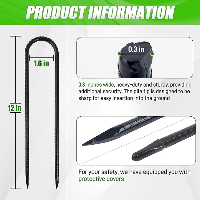 Anothera 16 Pack Trampoline Stakes Anchors High Wind, 12 Inches Tent Stakes Heavy Duty, Galvanized Steel Ground Stakes Kit, U Shaped Rebar Stakes for Trampoline, Tents, Fence