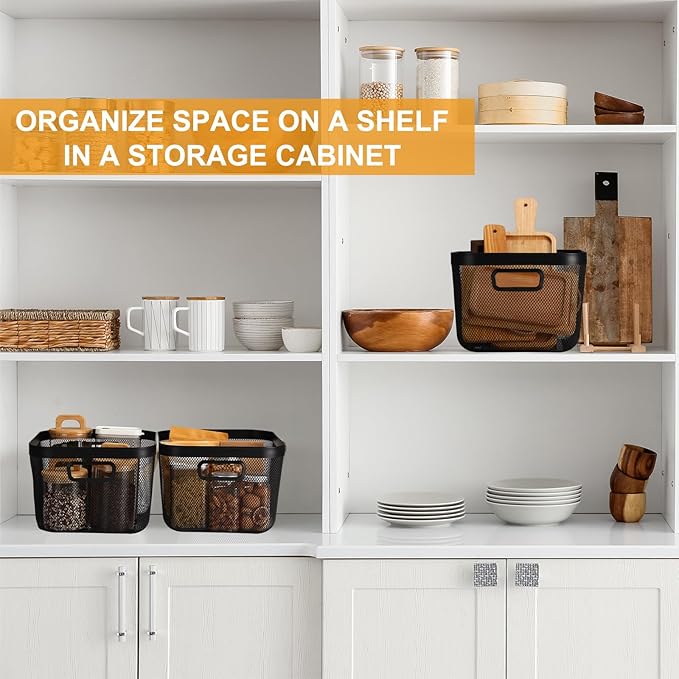 4 Pack Metal Mesh Steel Basket with Hollow Handles Square Wire Mesh Open Bin Fruit Storage Basket for Kitchen Bathroom Picnic Shopping Cabinet Home Items (Large,Black)
