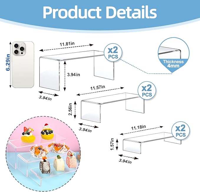 6PCS Acrylic Display Risers, 12'' Large Acrylic Risers Display Stands,Tiered Shelves for Gemstone, Curio, Figurines, Collectibles and Home Deco